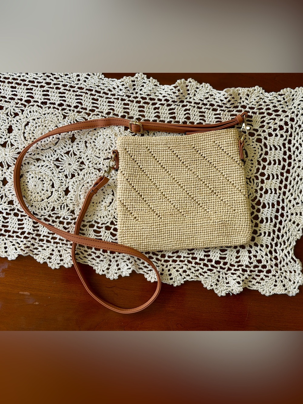 Othr Cream Woven Crossbody with Brown Leather Strap